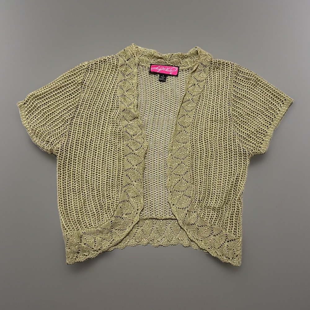 Say What? Womens Beige Crochet Sheer USA Made Open Front Knit Sweater Size S